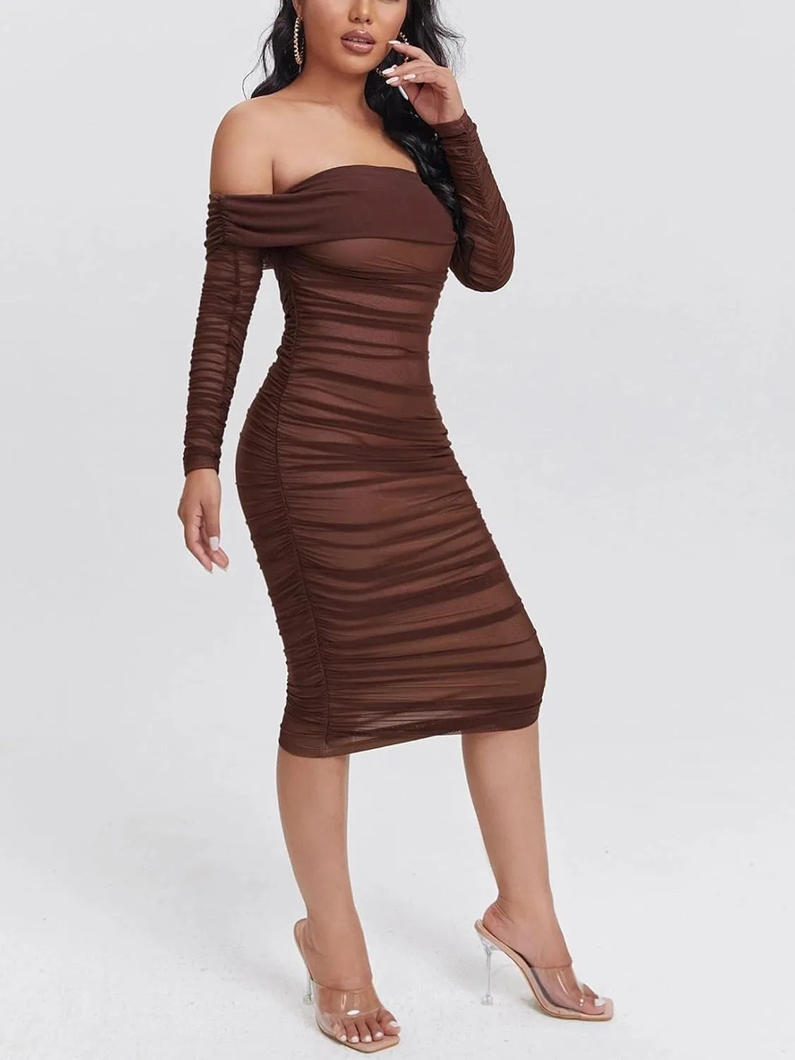 Женское макси-платье с длинным рукавом, бэклесс, с рюшами, Off-Shoulder, Chocolate Brown — фото 3