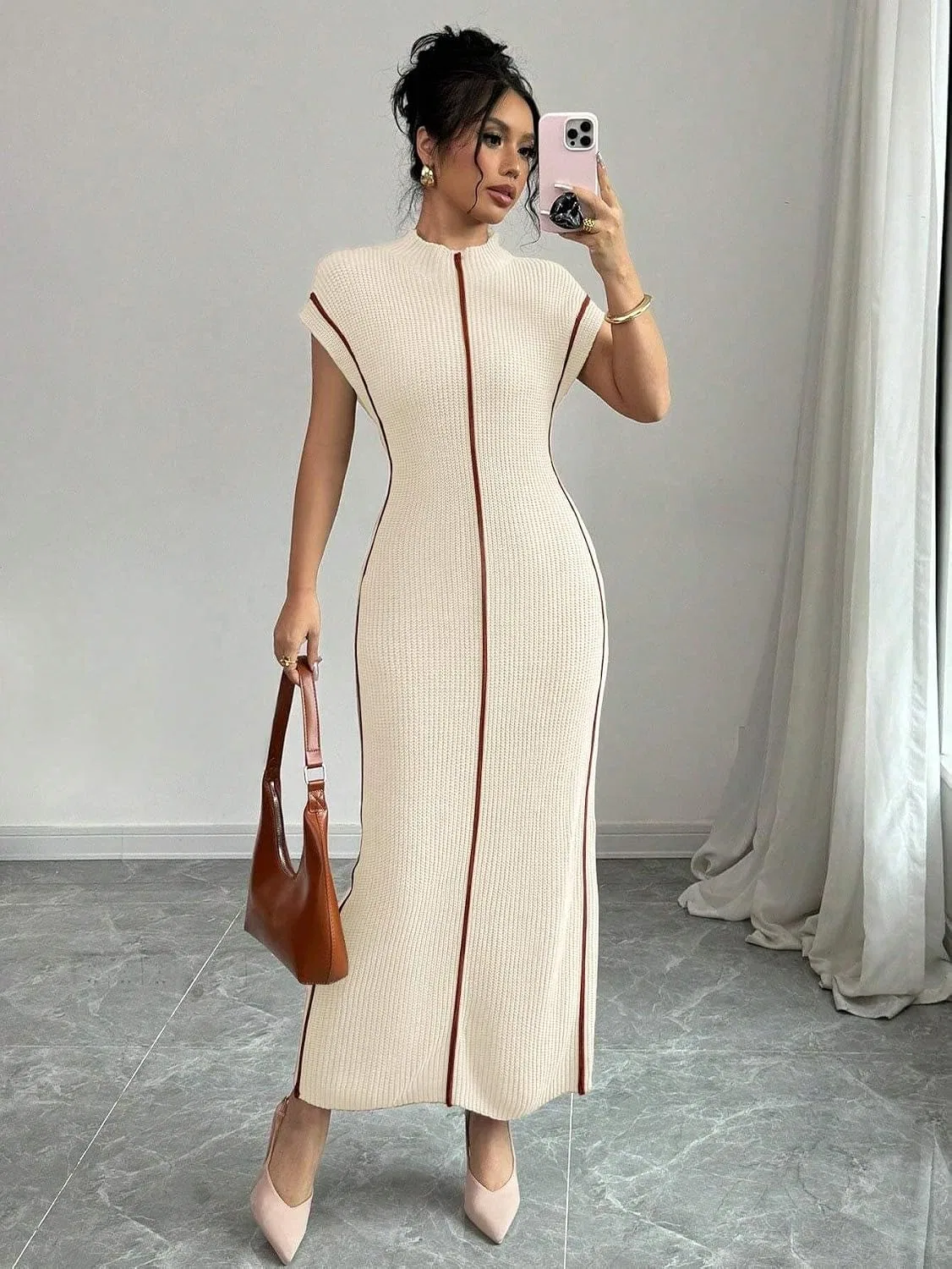 Женское облегающее платье с высоким воротником Patterned, Apricot — фото 4