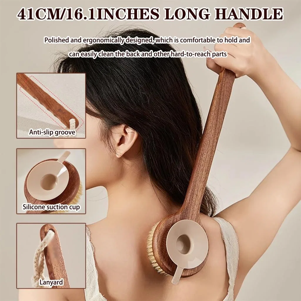 Щетка для тела с длинной ручкой, щетина + силикон, 2 шт, 41x9.4 см, Brown Generic — фото 4