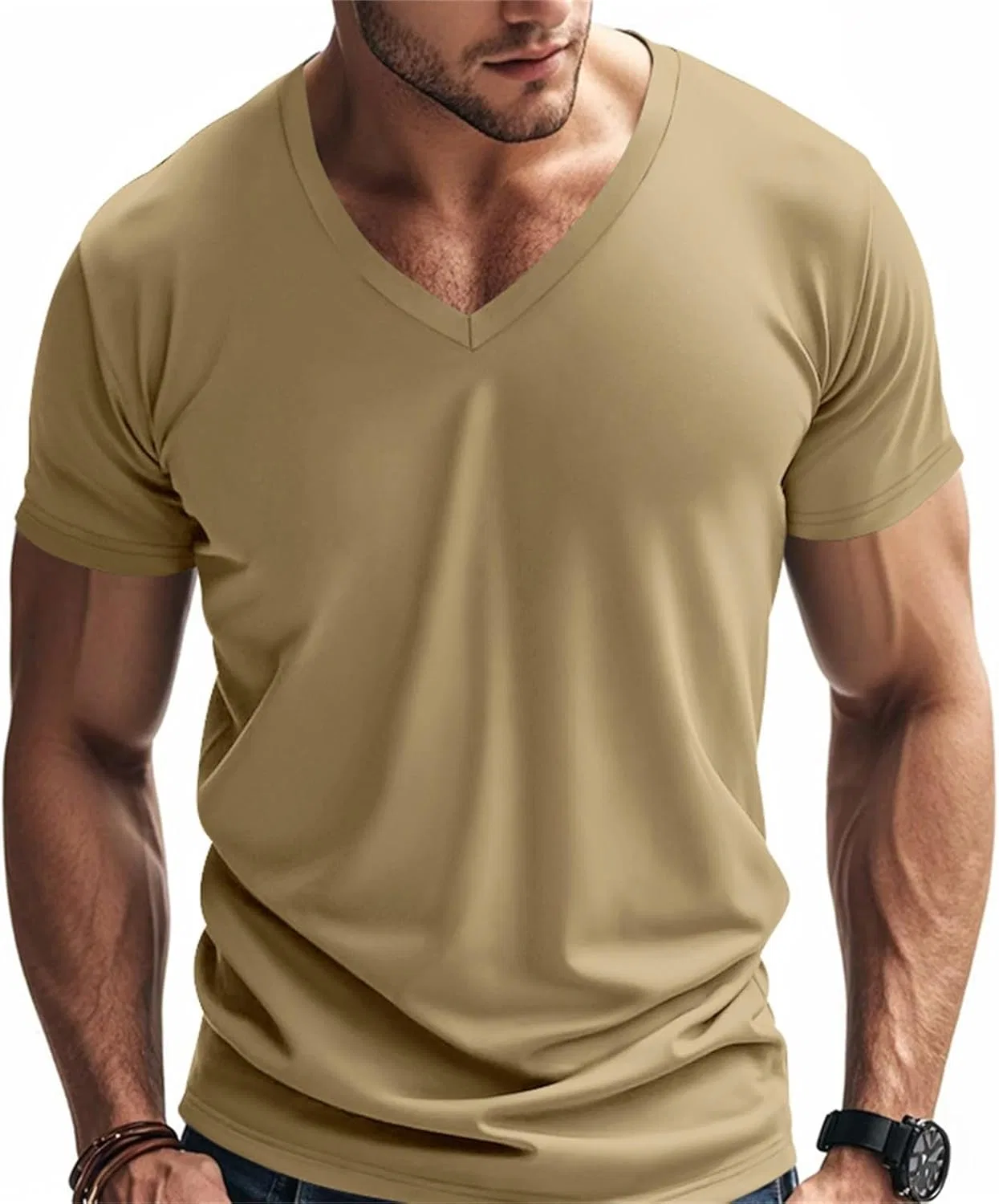 Мужская облегающая футболка с V-образным вырезом Quick Dry Breathable, Khaki — фото 2