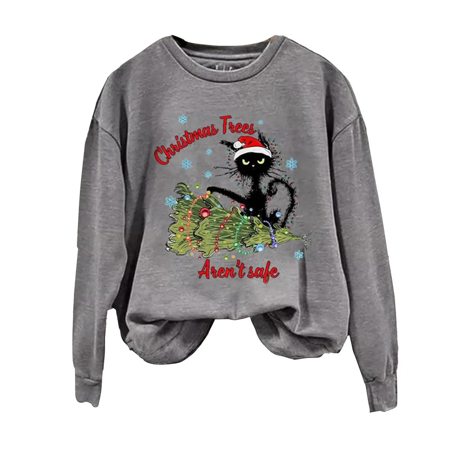 Женский свитшот с принтом Christmas Tree Funny Cat Say What Woman Pullover, Z01 Grey — фото 3