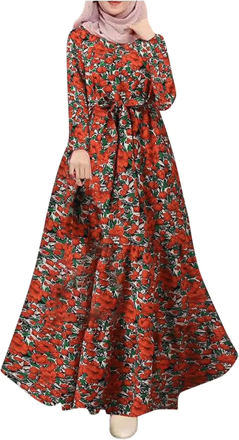 Женское платье-абайя с поясом, Vintage Printed Sun Dress Maxi, 02#_red — фото 2
