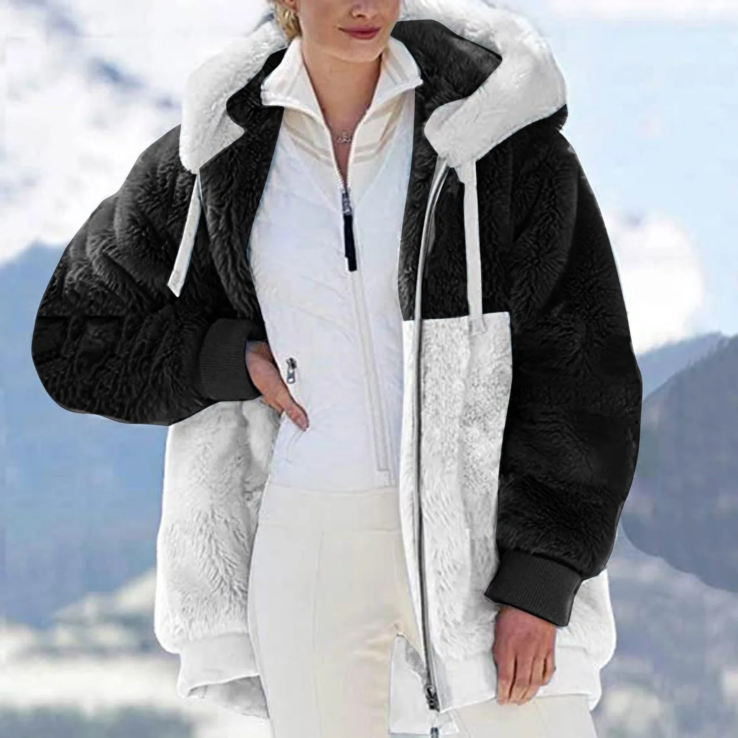 Женская куртка из флиса на молнии с капюшоном, тёплая, модель Teddy Wool Winter Coats, Nero — фото 4