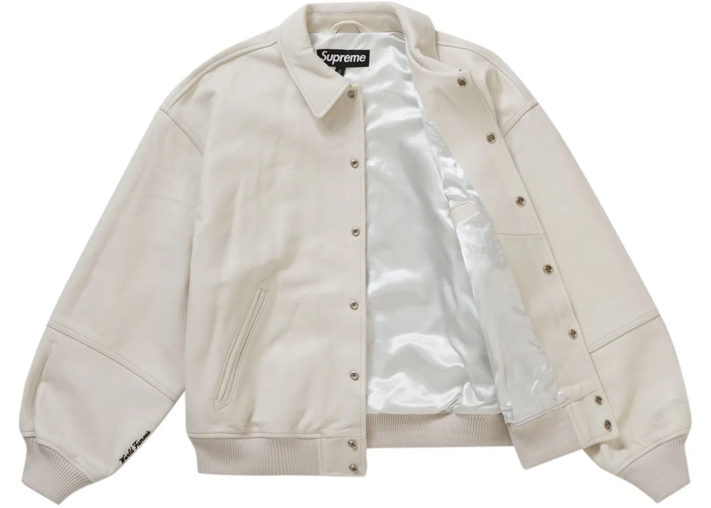 Мужская куртка-бомбер кожаная Supreme GORE-TEX Infinium WINDSTOPPER Leather Varsity Jacket, White — фото 2