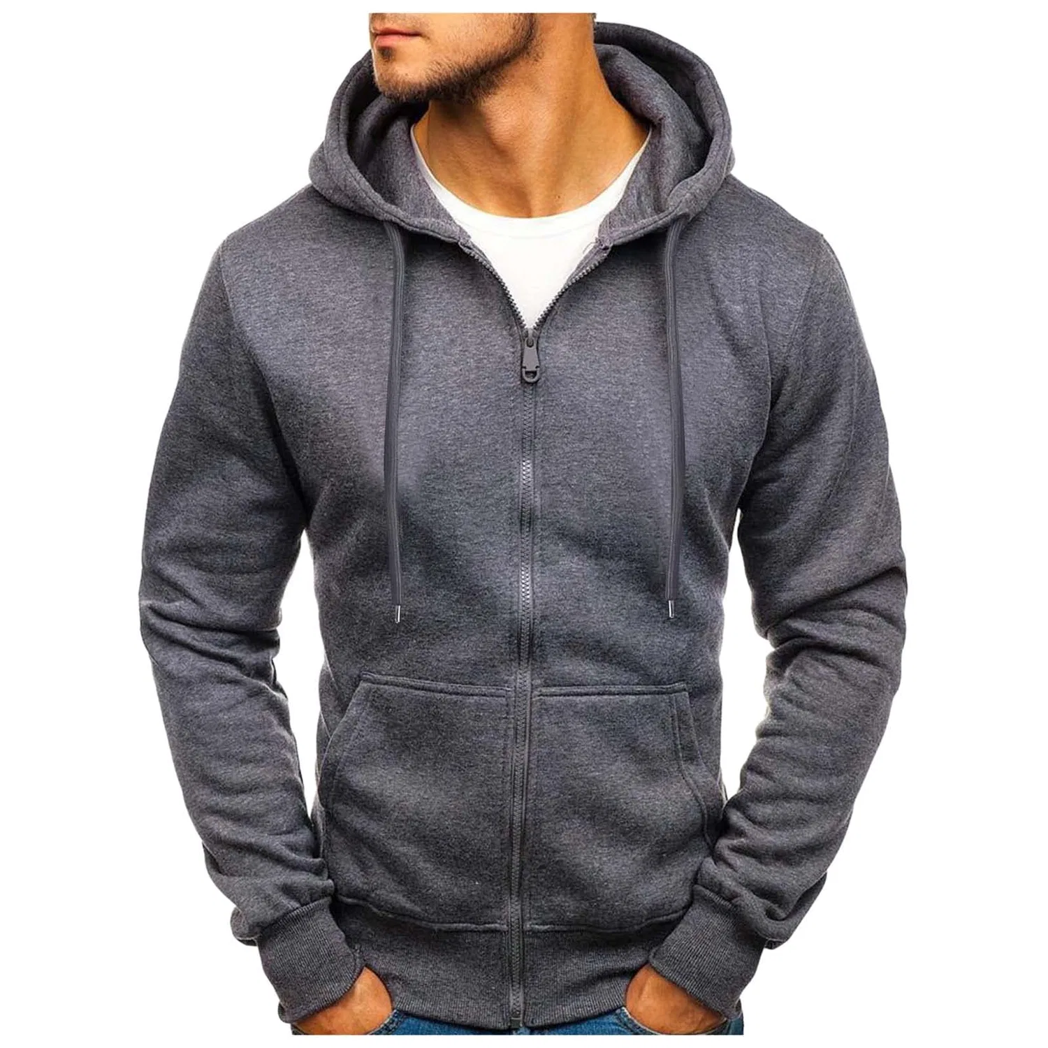 Мужское худи на молнии с карманами, длинным рукавом, однотонное, Dark Grey