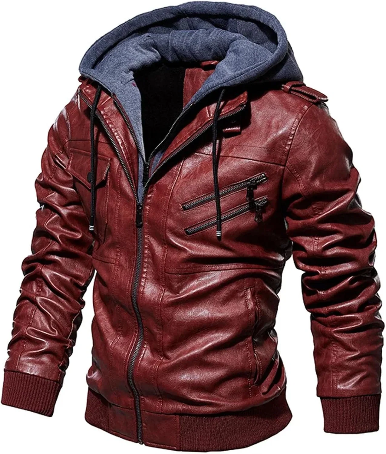 Мужская куртка из экокожи с флисовой подкладкой, с капюшоном, Albb-wind Red — фото 4