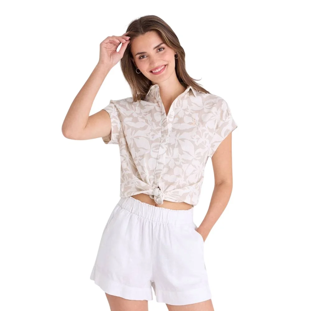 Женский топ U.S. Polo Assn. Soft Tropical Print Shirred Dolman, белый/песочный