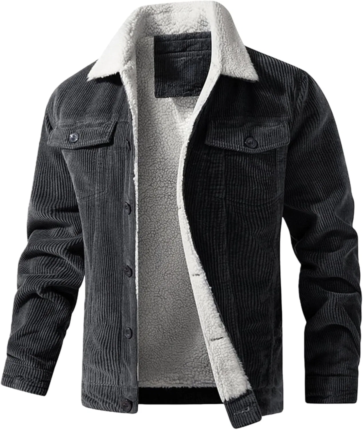 Мужское пальто из вельвета с флисовой подкладкой, Winter Sherpa Lined Warm Thick Trucker Cargo Coat, серый