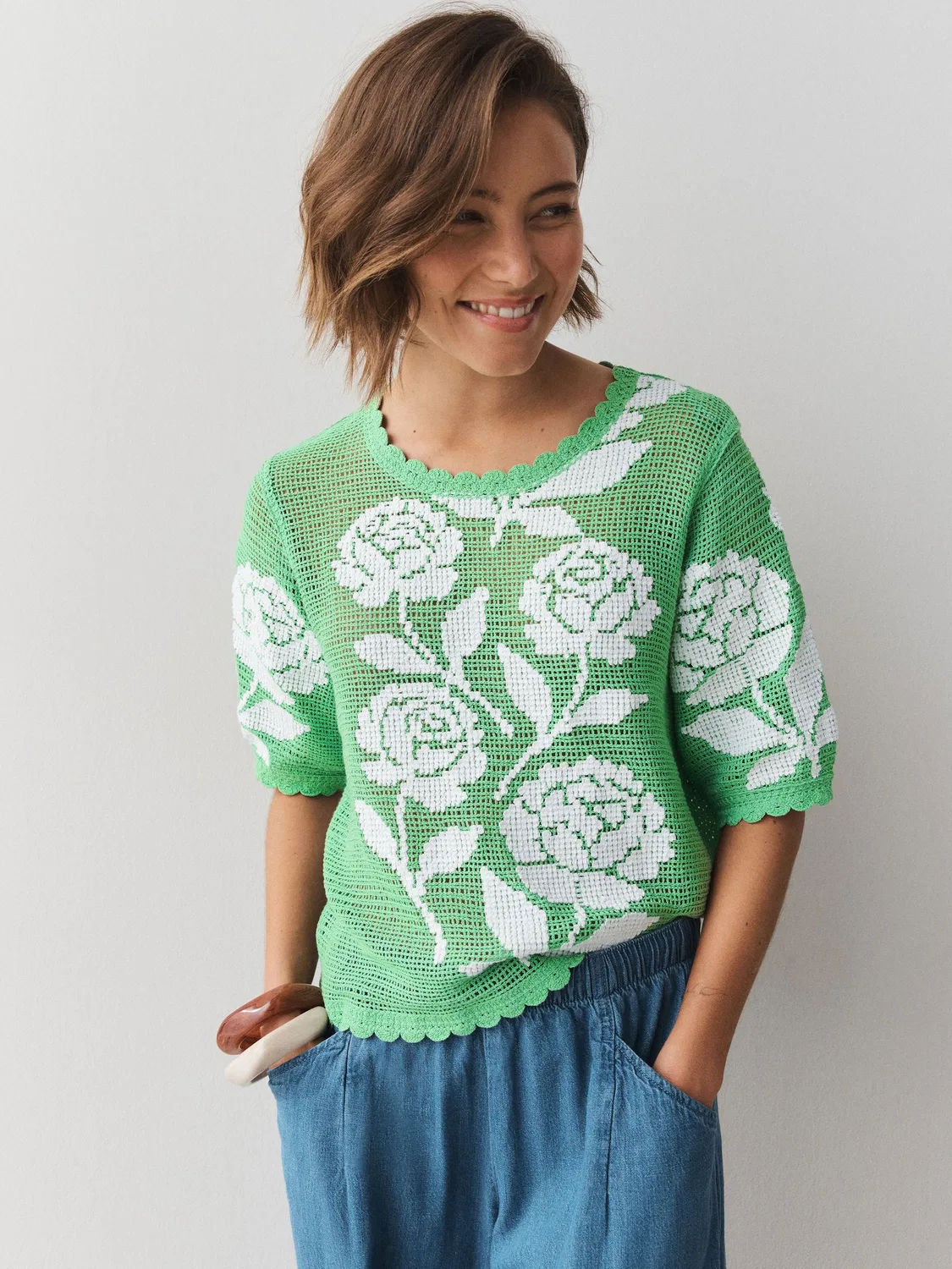 Футболка с цветочным кружевом Next, Green/White Multi Floral — фото 3