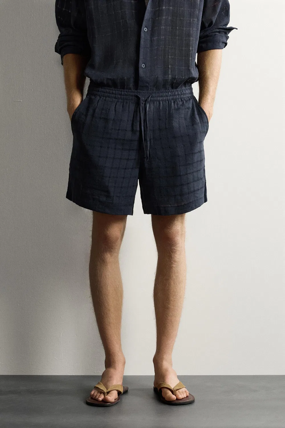 Шорты-бермуды из клетчатого жаккарда из хлопка и льна ZARA, Navy blue — фото 2
