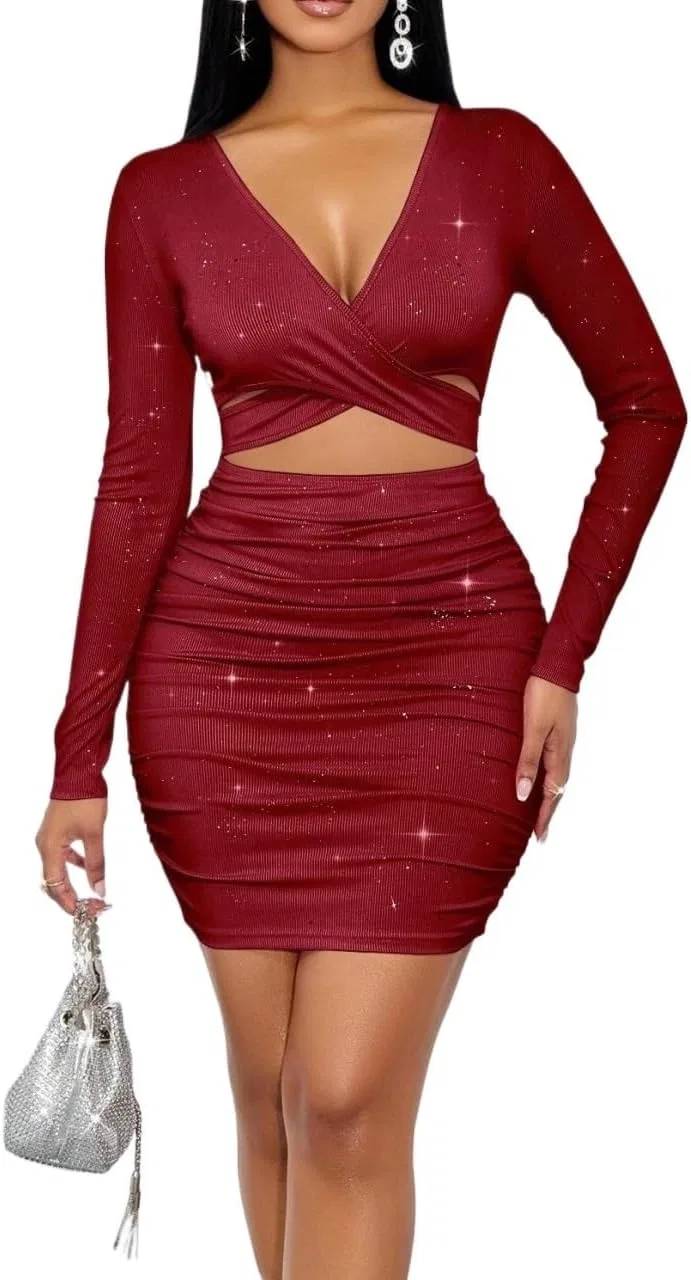 Женское длинное платье с глубоким V-вырезом Casual, Burgundy