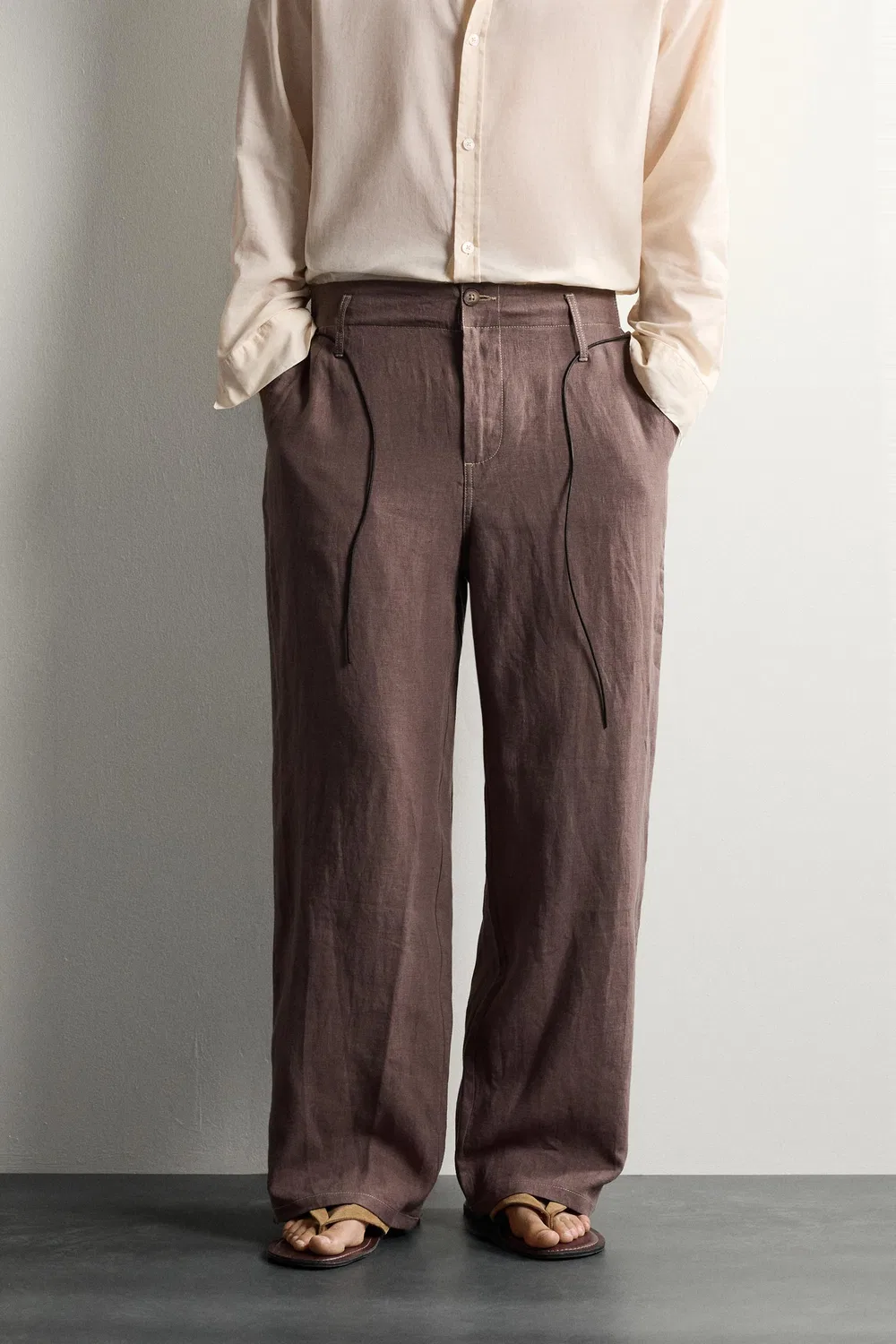 Брюки свободного кроя из 100% льна. ZARA, Brown — фото 2