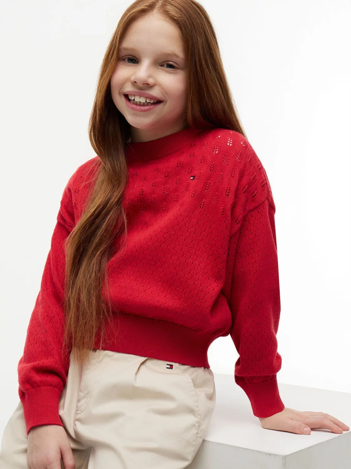 Джемпер с ажурным узором, свободный крой, с рукавами-фонариками Tommy Hilfiger, красный — фото 4