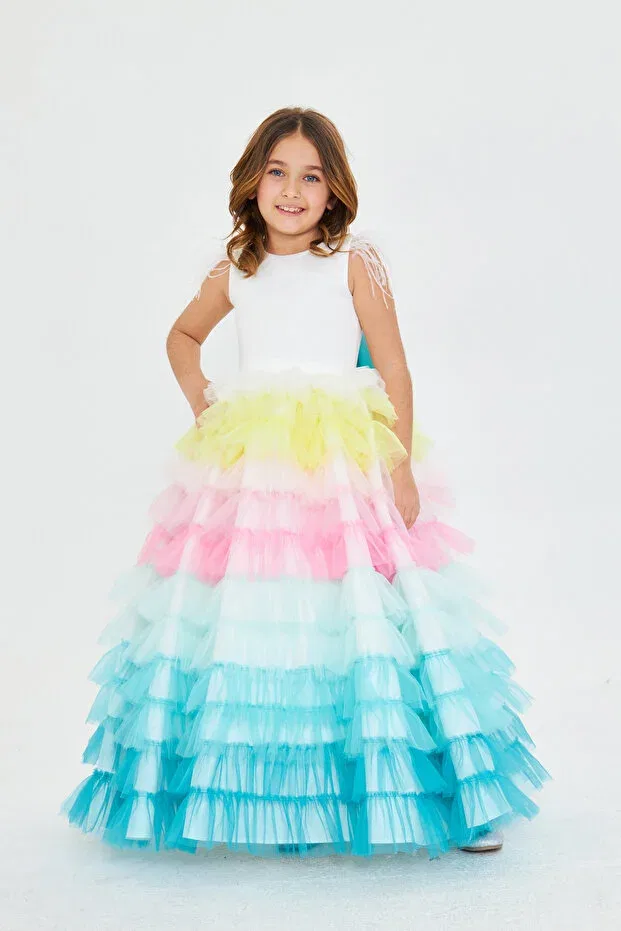 Детское вечернее платье для девочек с рюшами Rainbow colorful girl's evening dress Zühre Balaban, White
