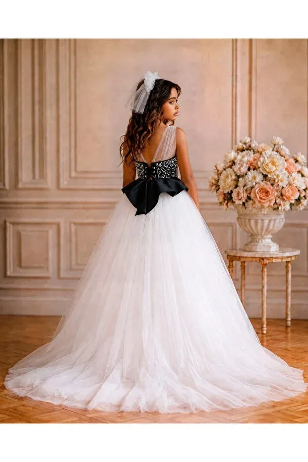 Детское платье для девочек без рукавов Girl'S pearls tulle evening dress wedding dress with trailing, buckle included dress - wedding, prom and special occasion dress By Feyza Kids Collection, Black — фото 3