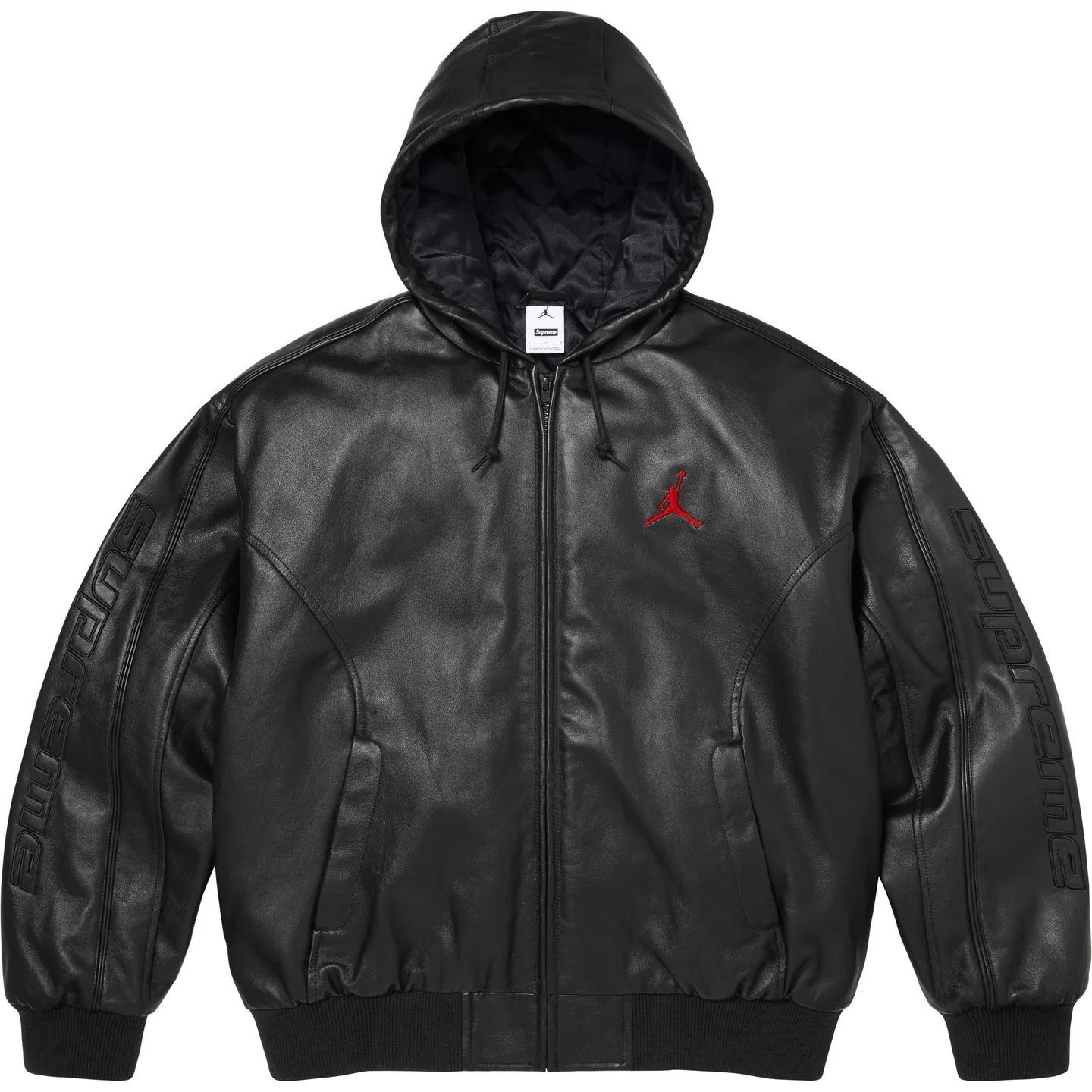 Куртка Leather, капюшон, Jordan, Supreme, Black