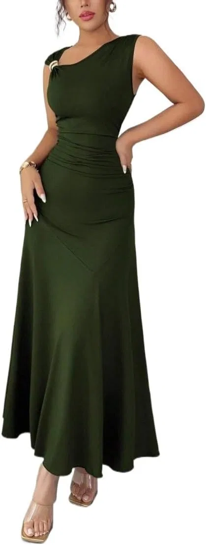 Женское платье A-силуэта с асимметричным вырезом, Army Green