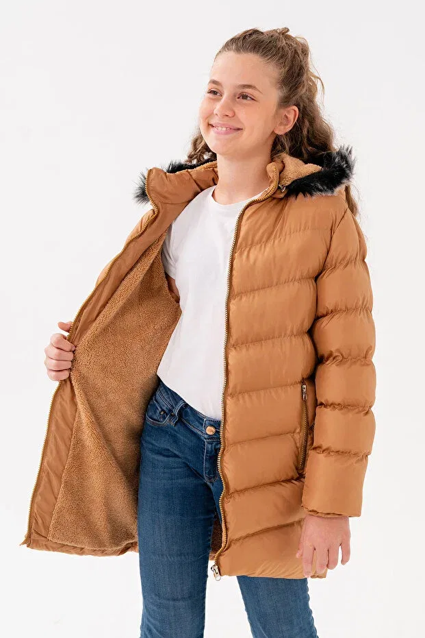 Детское пальто для девочек с капюшоном Basics Vodens, Camel