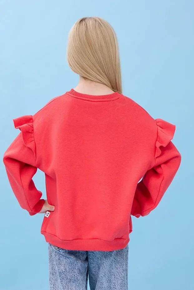 Детские свитшот для девочек с принтом Girl'S ruffle detailed floral embroidered hooded oversize sweatshirt Perendi, Pomegranate Blossom — фото 3