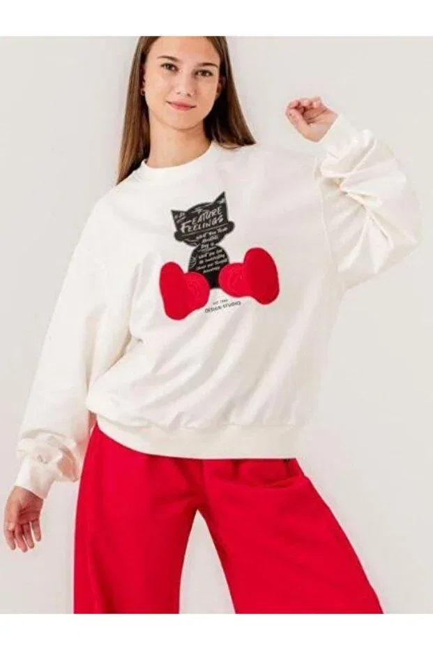Детская толстовка для девочек с принтом Cat Printed Girl's Sweatshirt Zekids, Ecru — фото 3