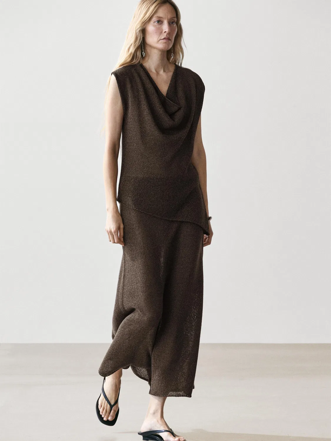 Длинная трикотажная юбка из смесовой хлопковой ткани Massimo Dutti, шоколадный — фото 4