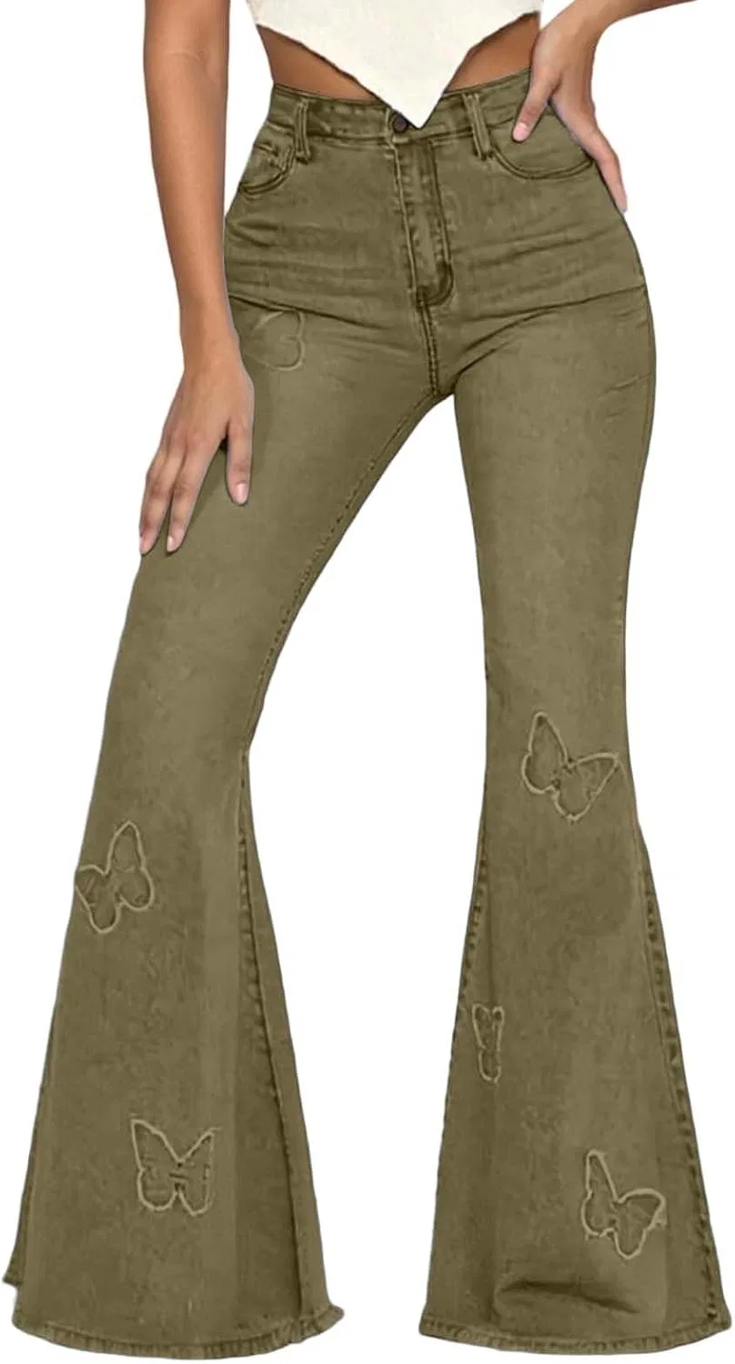 Джинсы клеш с вышивкой бабочками, Army Green