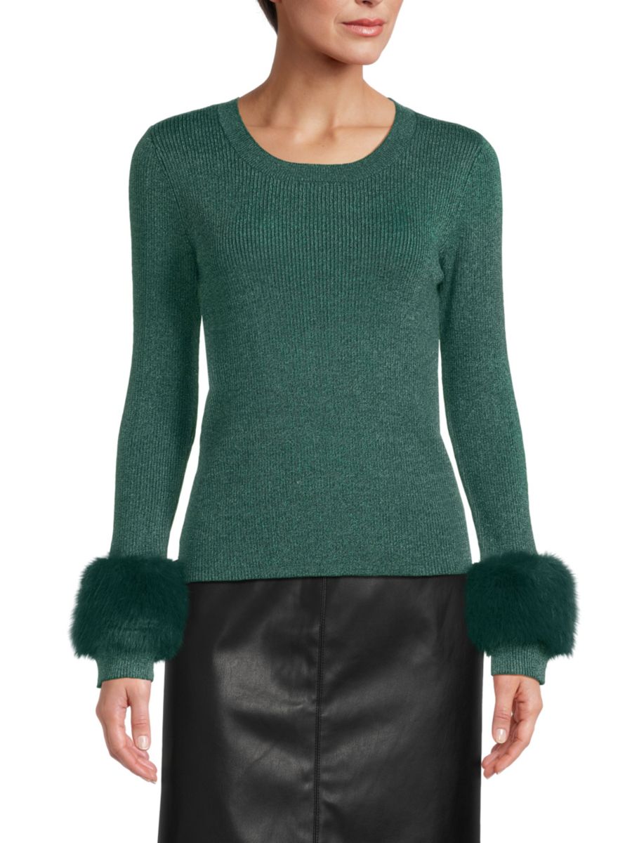 

Блестящий трикотажный топ с манжетами из искусственного меха Saks Fifth Avenue, цвет Emerald