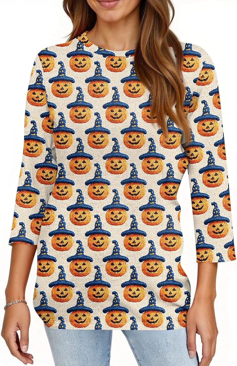 Блуза женская с принтом Halloween, 3/4 рукав, оранжевый — фото 2