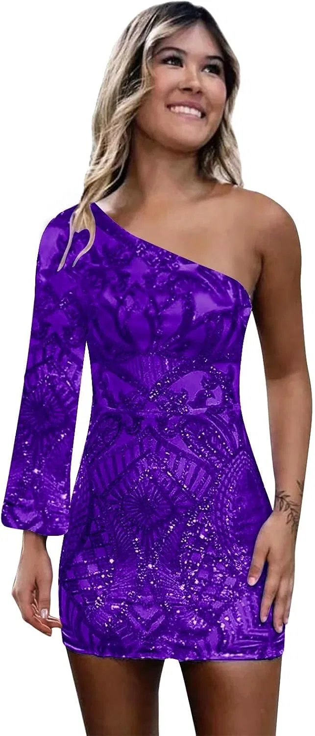 Женское короткое платье с пайетками One Shoulder Sequin, Purple