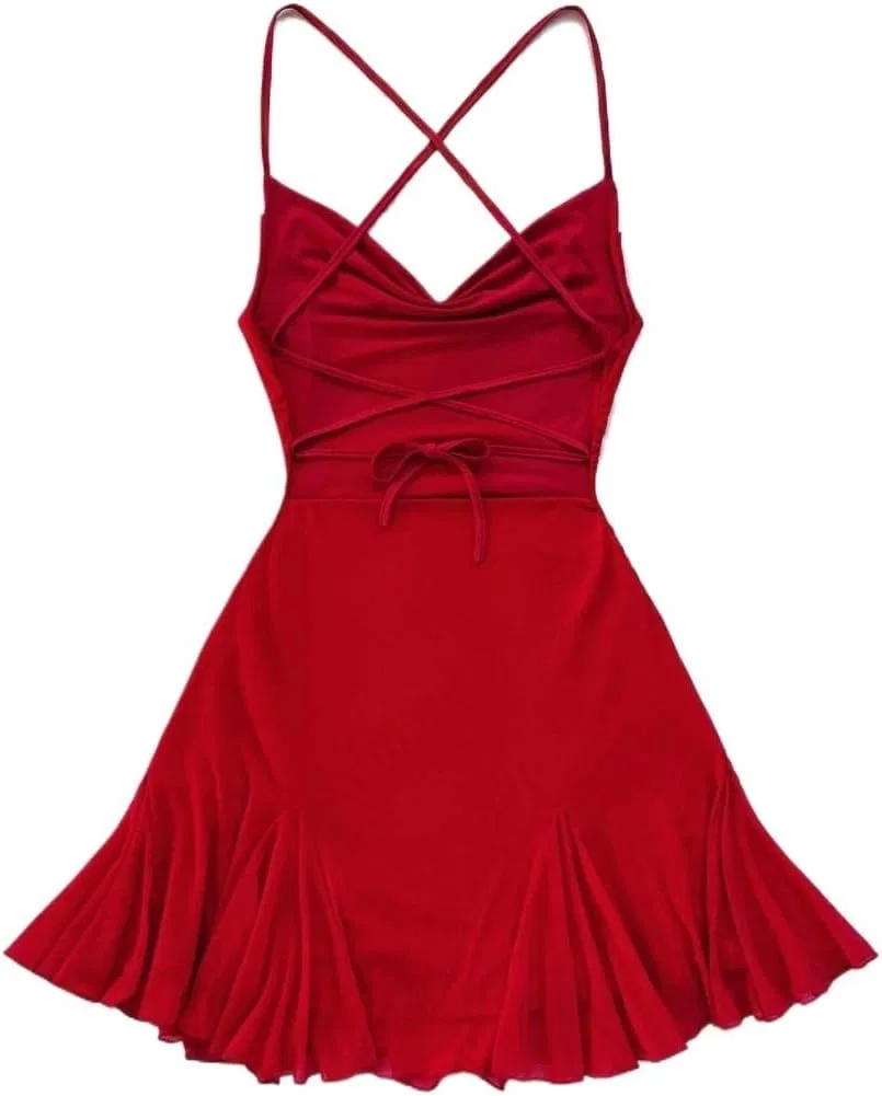Женское мини-платье на тонких бретелях с открытыми плечами, Red — фото 3