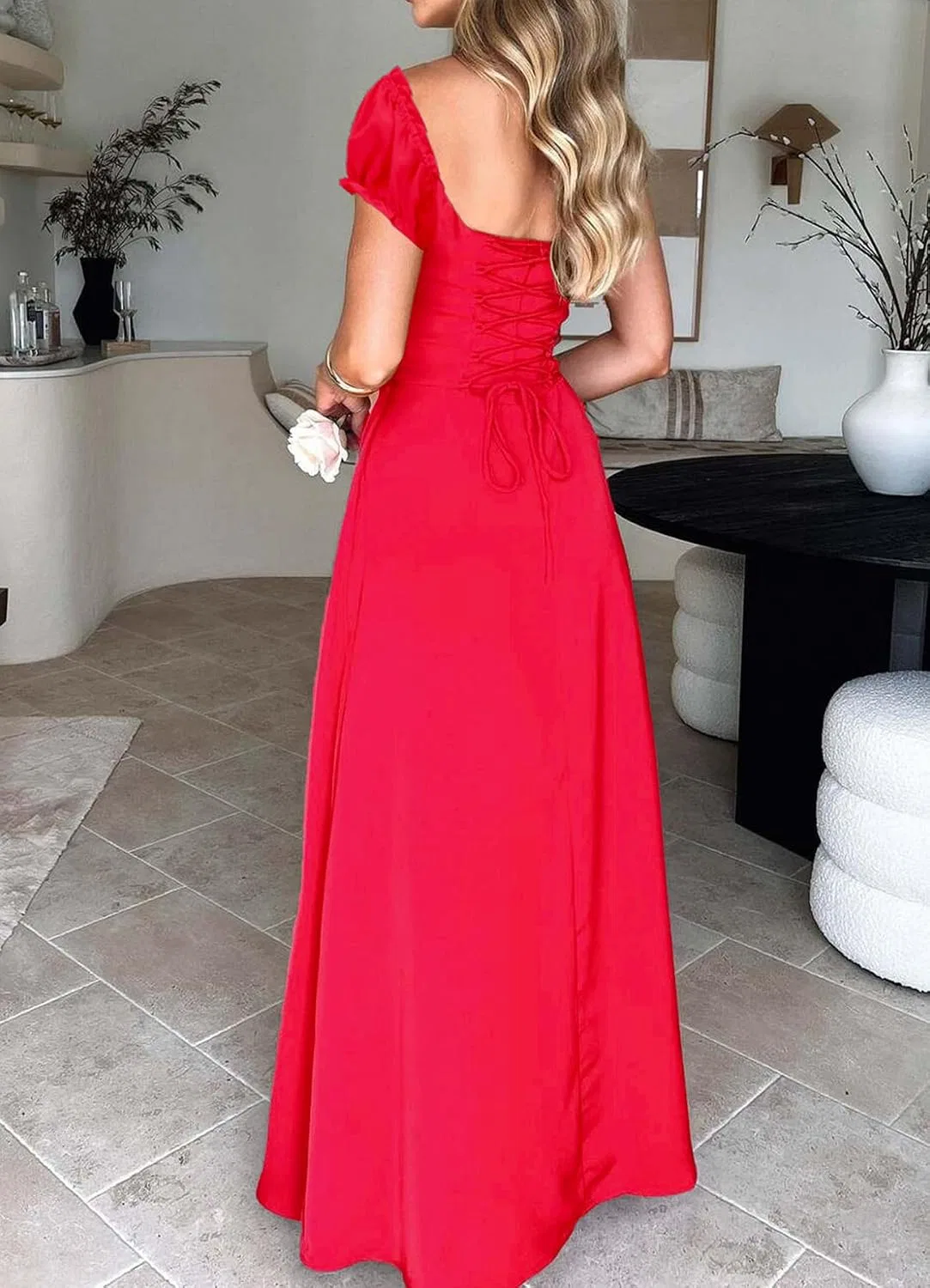 Женское пышное платье миди с рукавами-фонариками Corset Sundress, Red — фото 4