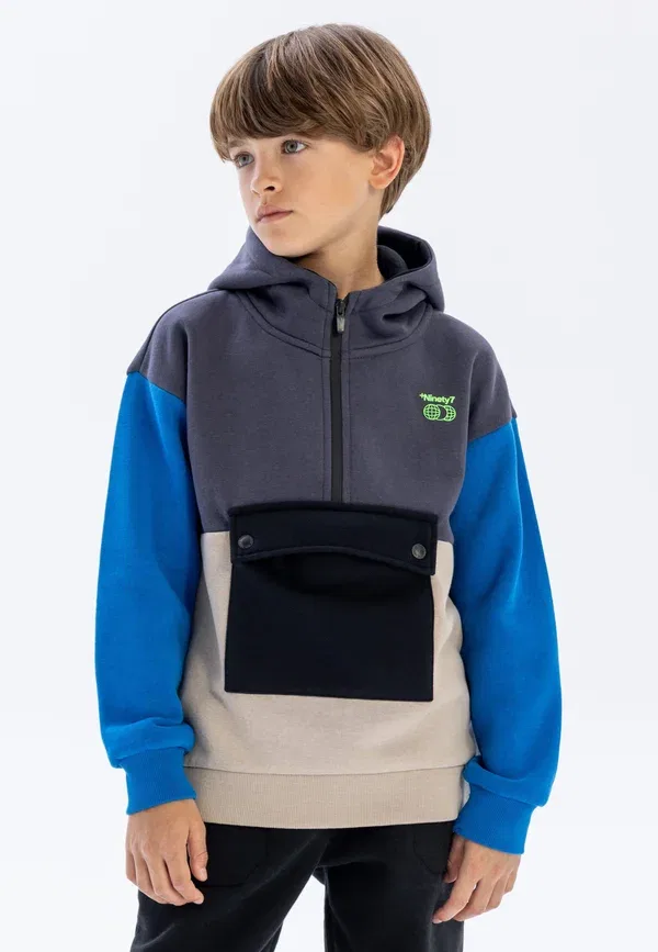 Толстовка спортивная Colour block Minoti, Dark Grey, Beige, Teal, темно-серый/бирюзовый/бежевый
