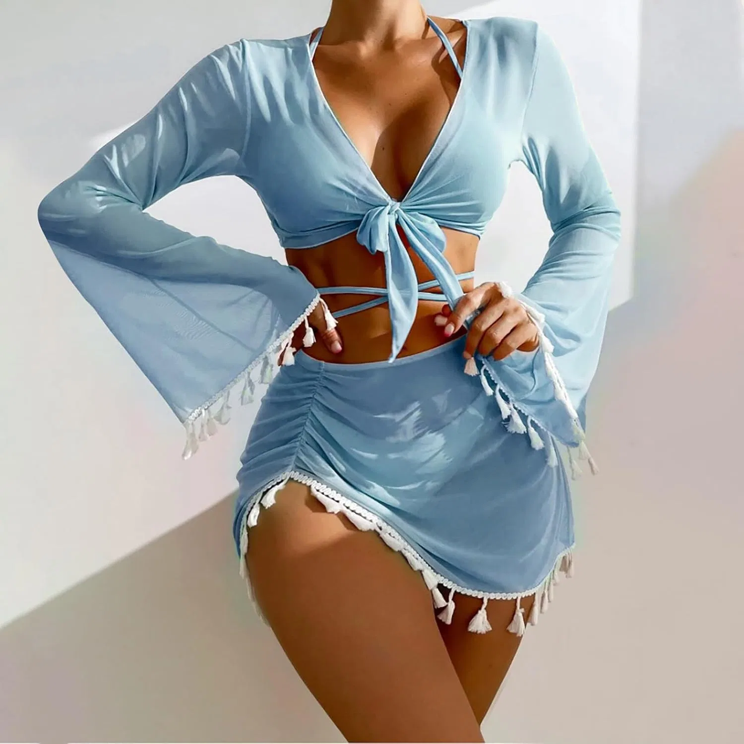 Женский бикини-сет с длинным рукавом и бахромой, Sky Blue — фото 3