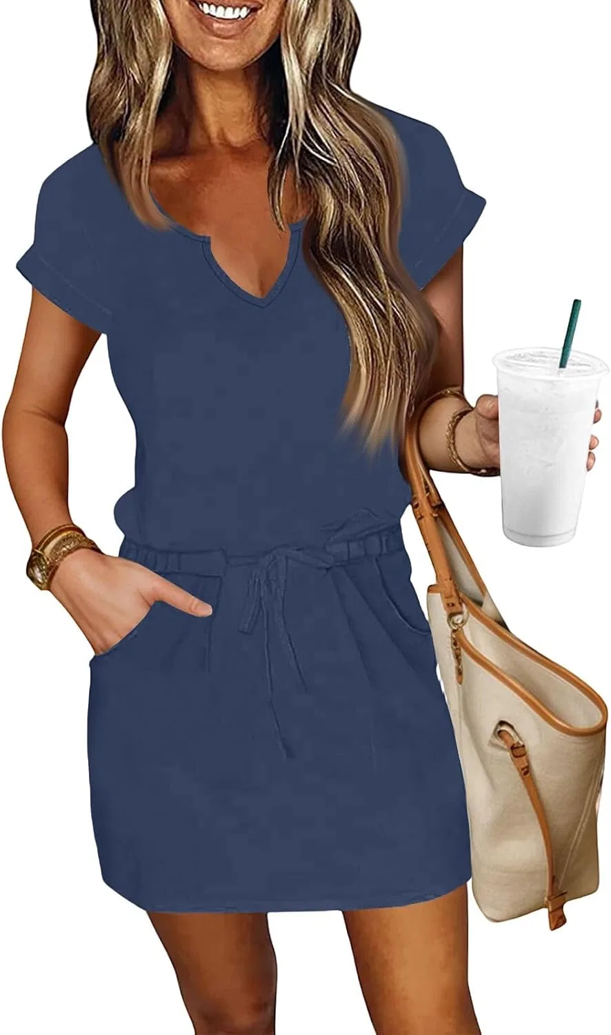 Женское повседневное платье A-line с поясом, Dark Blue