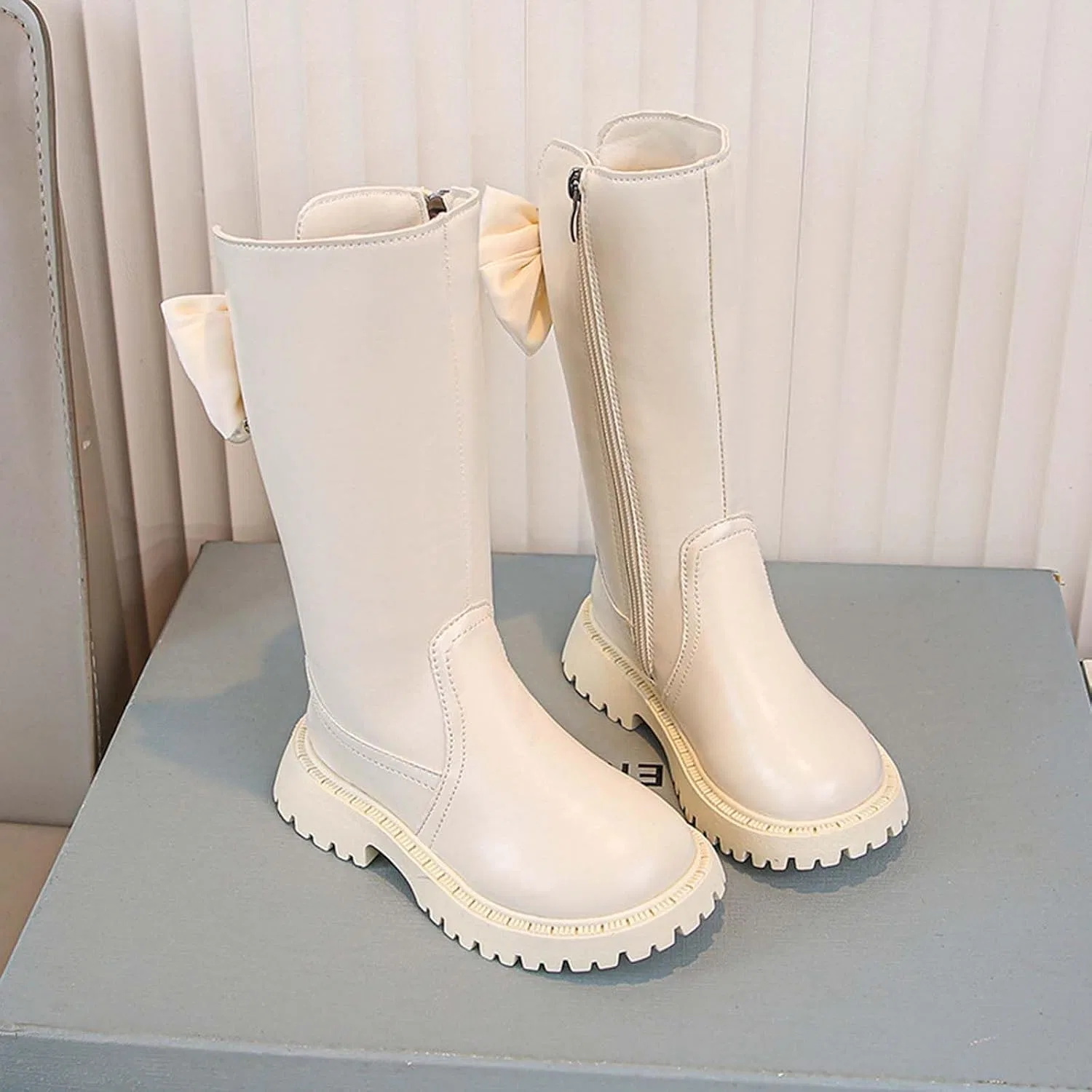 Детские сапоги для девочек с принтом банта, модель Girls Leather Knee High Boots, Beige — фото 3