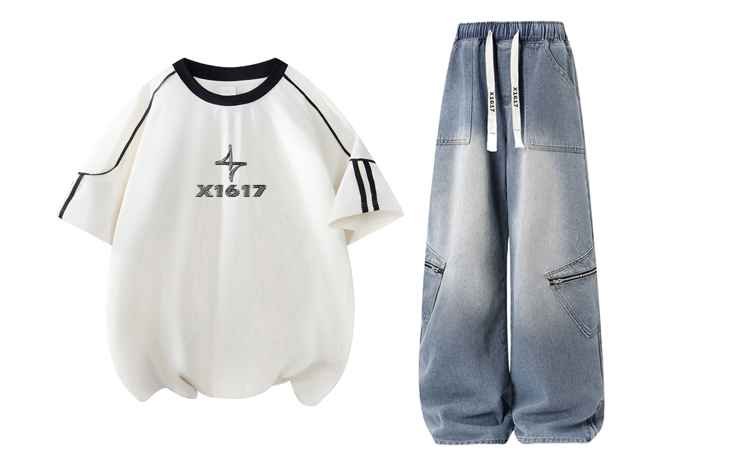 

Повседневный спортивный свитер Unisex с круглой горловиной Moderate X1617, белый top+синий pants