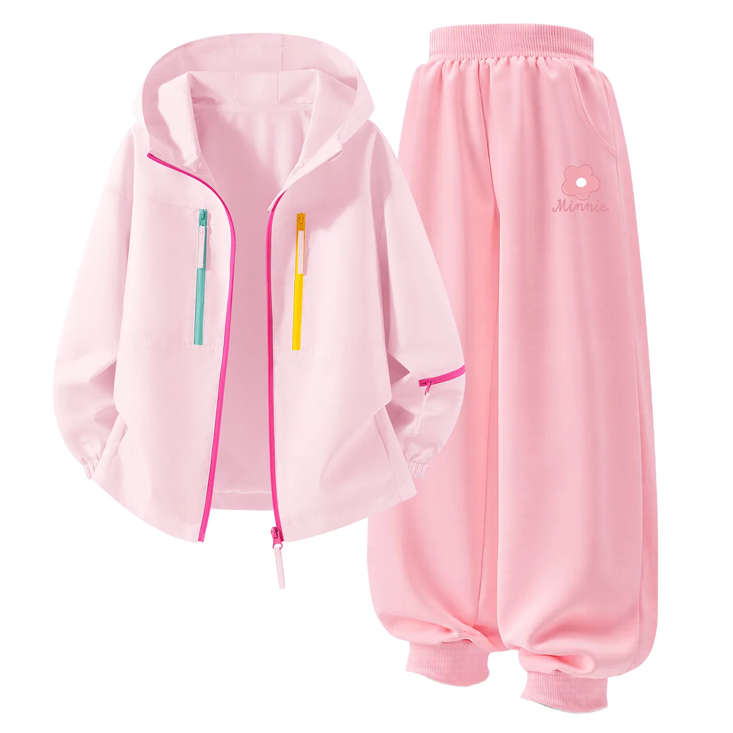 Детский спортивный костюм с капюшоном, ветрозащитный, Disney, Solid Color Sweet Juice Pink+DiF Small Flower K Pink