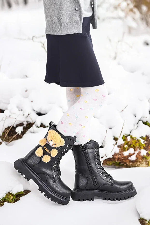 Детские ботинки для девочек на молнии Stanko zippered girl's casual boots with teddy bear Kiko Kids, Black — фото 4