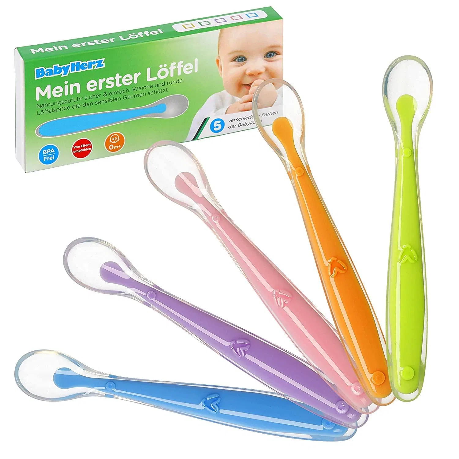 Набор детских ложек из силикона, 5 штук, мягкие изогнутые, BabyHerz
