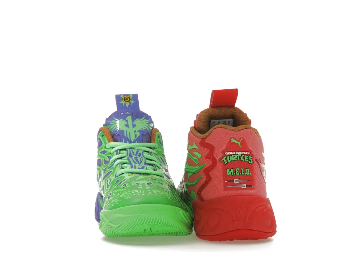 Детские кроссовки для мальчиков баскетбольные Puma LaMelo Ball MB.04 Teenage Mutant Ninja Turtles Raphael and Donatello (GS), Fluro Green Pes/Puma Red/Dark Amethyst — фото 4