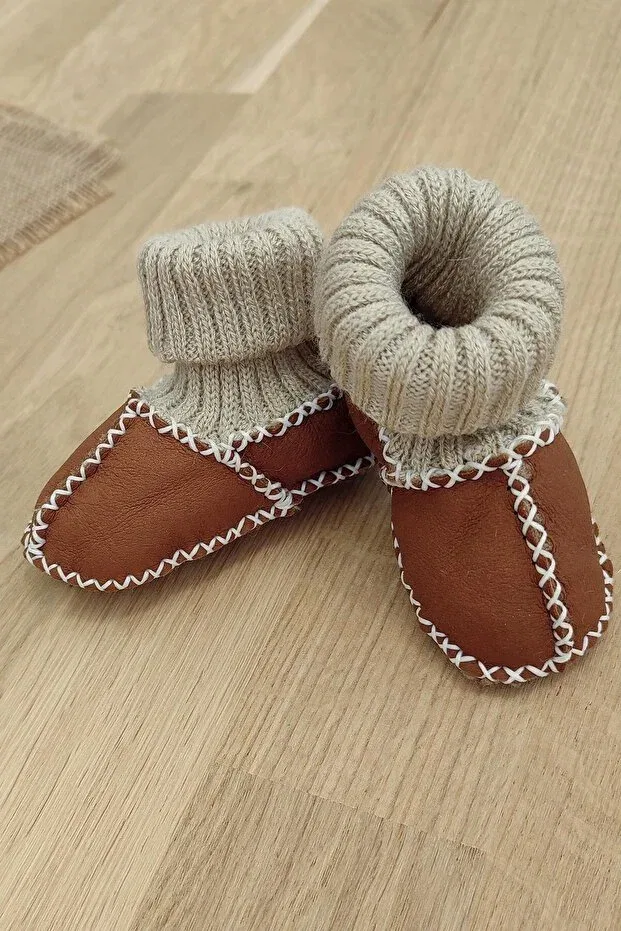 Детские пинетки из натуральной кожи с шерстью Sitilin, Brown