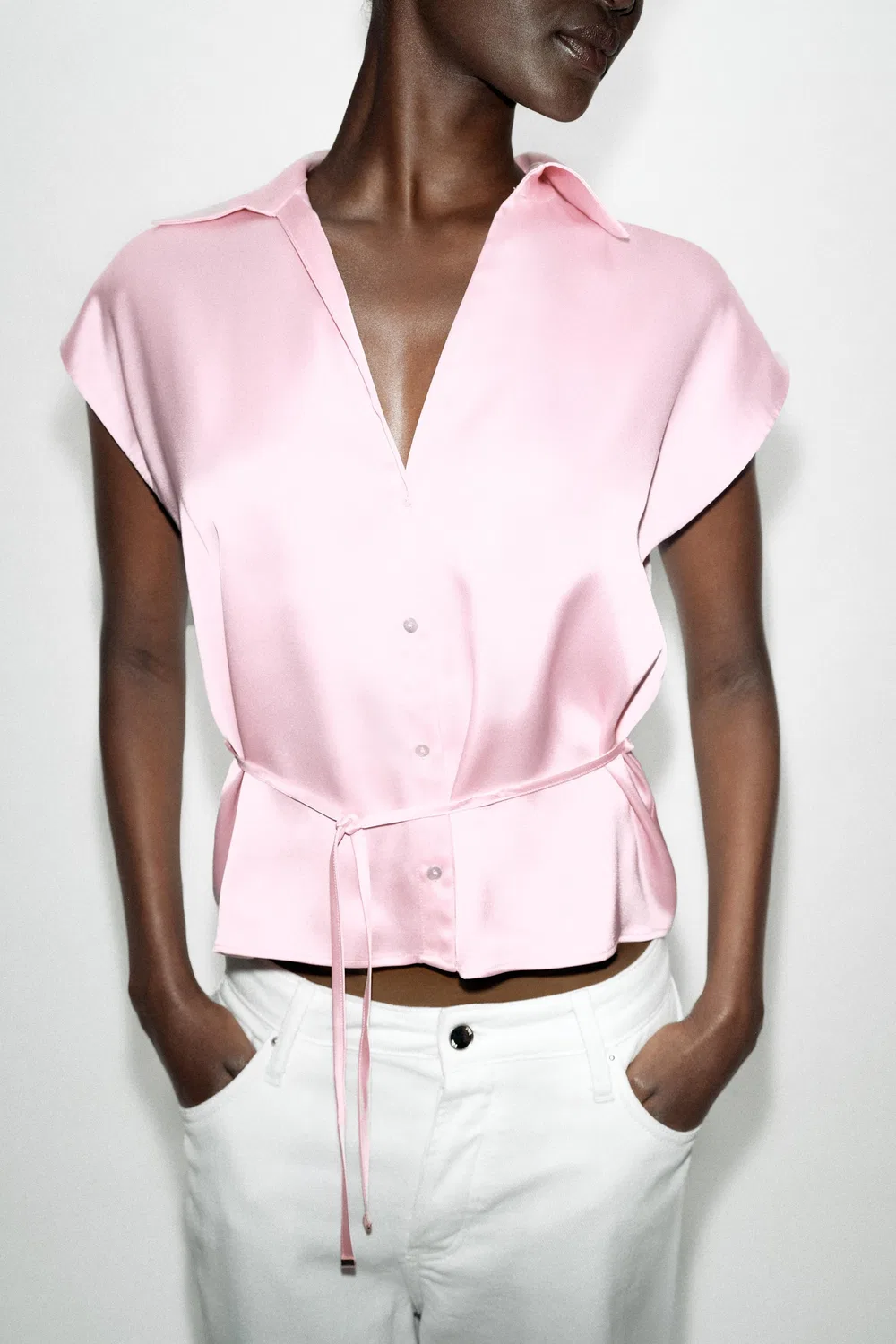 Атласная рубашка с короткими рукавами и поясом ZARA, Pink — фото 2