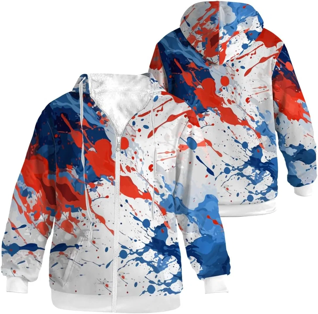 Мужское зимнее пальто с принтом, флисовая куртка с капюшоном, Zip-up Hoodie Warm Sweatshirt, красный/синий — фото 4