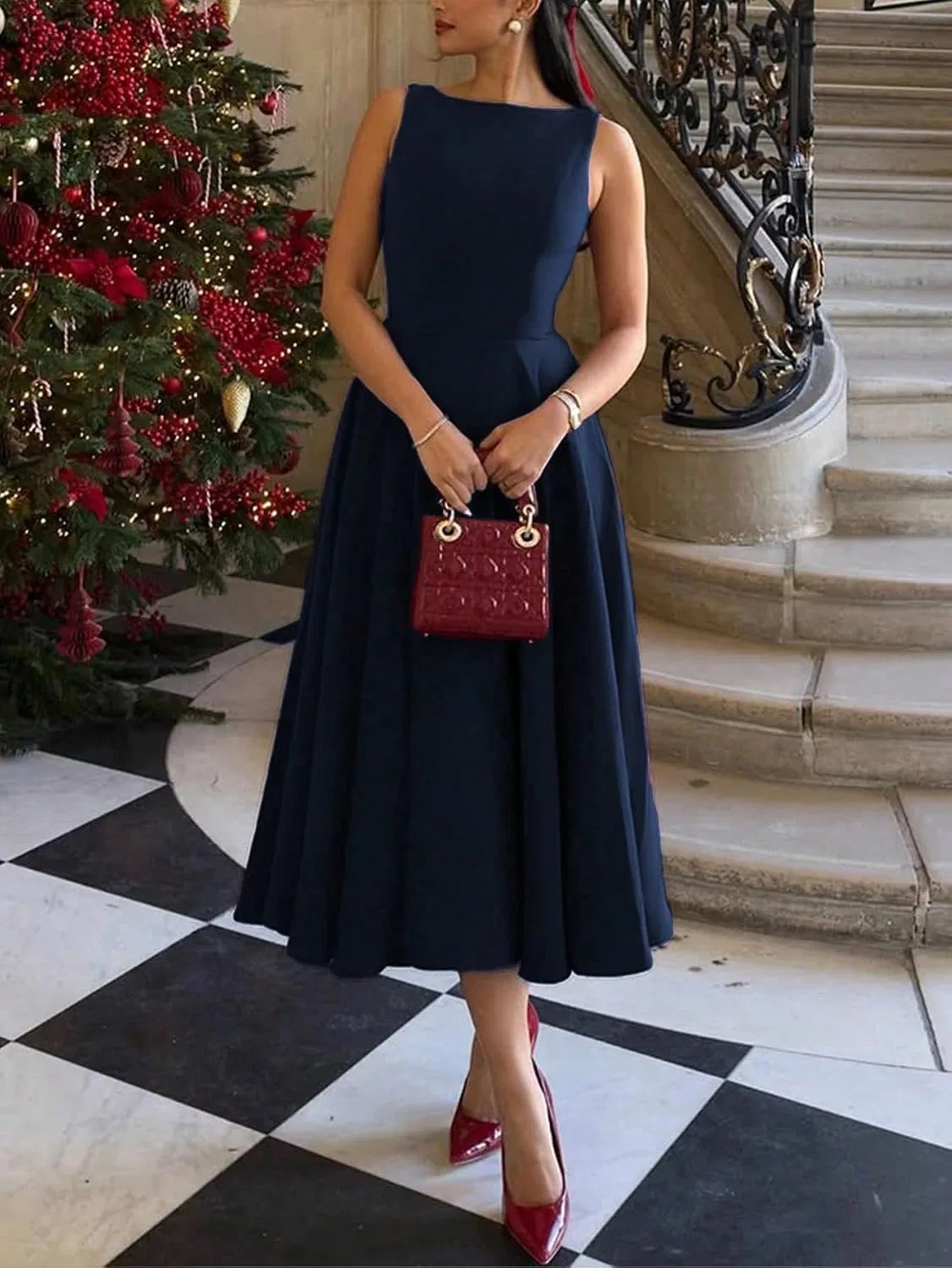 Женское повседневное платье миди с открытой спиной, Navy Blue — фото 2