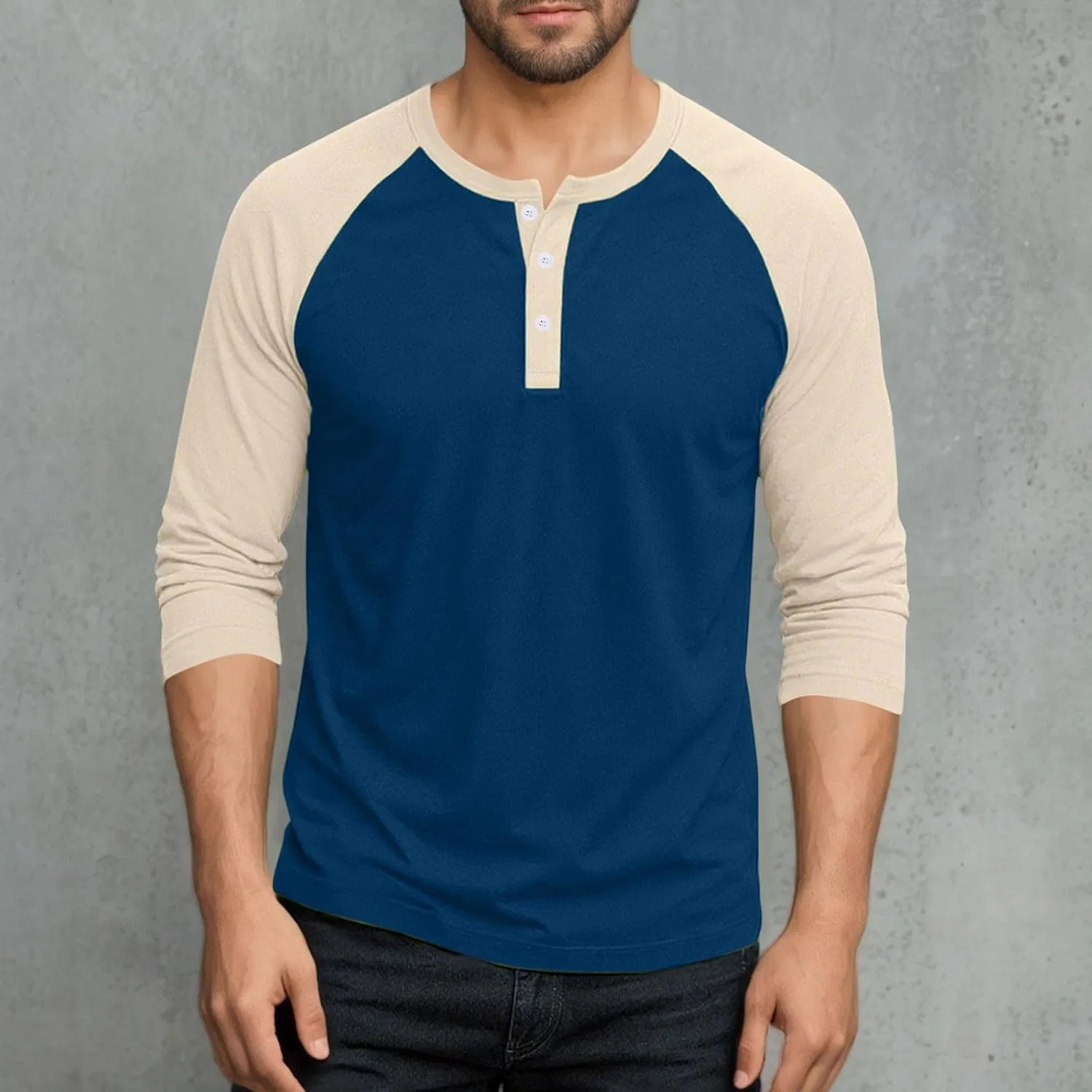 Мужская повседневная футболка с контрастными рукавами, модель Long Sleeve Shirts for Men, Generic, Navy — фото 2