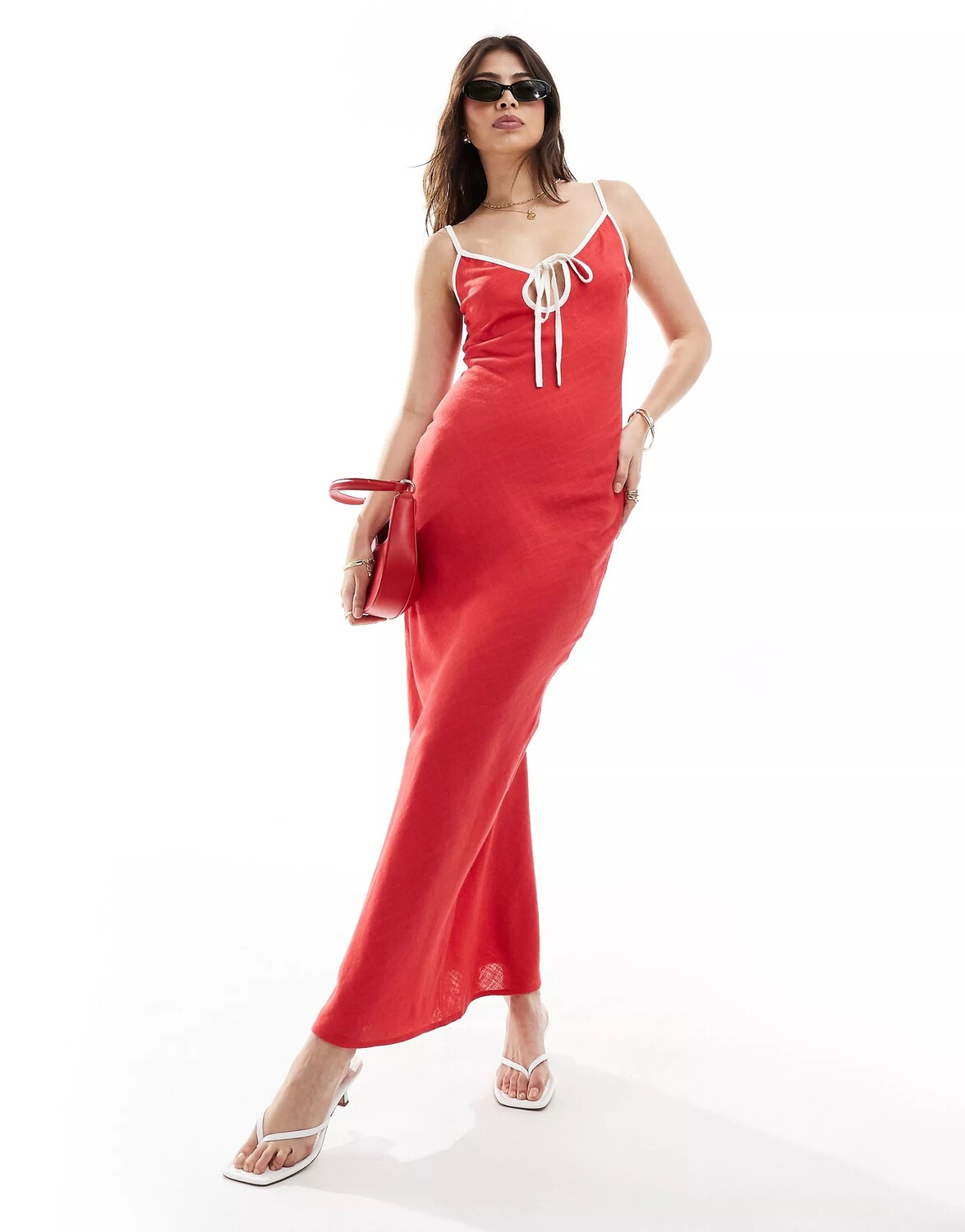

Платье-комбинация Asos Design Linen Slip With Contrast Binding, красный