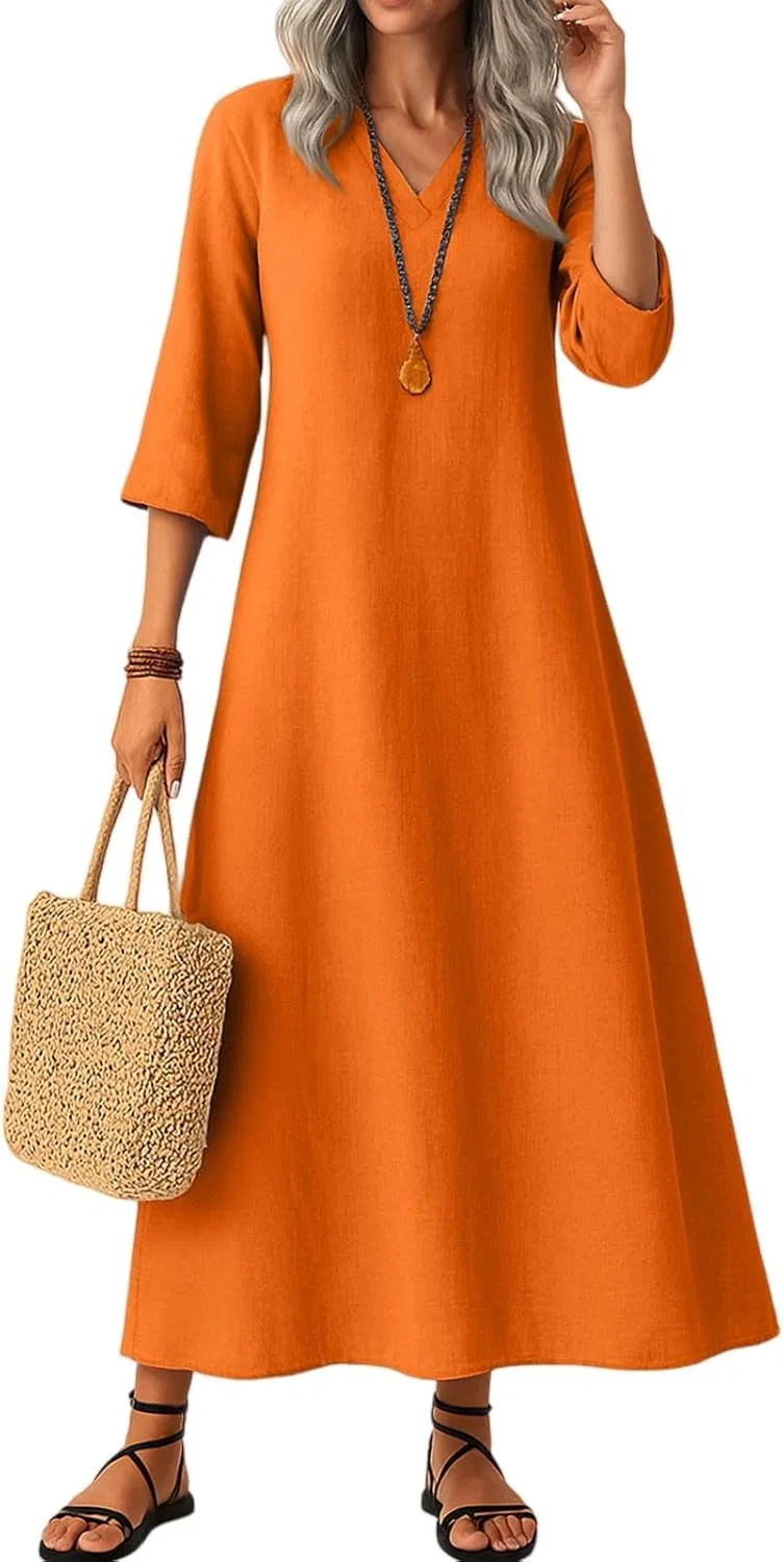 Женское льняное платье макси с V-образным вырезом и рукавами 3/4, Orange
