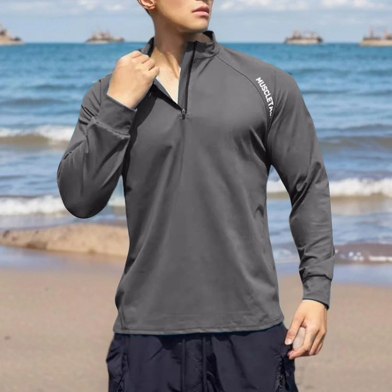 Мужская быстросохнущая футболка с длинным рукавом Quarter Zip Pullover, Gray — фото 2