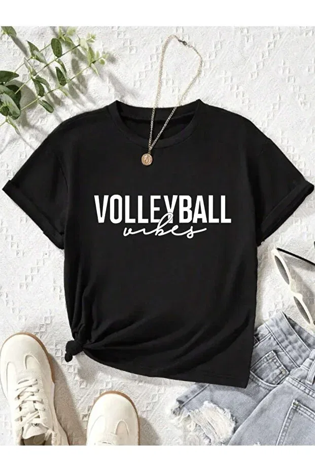 Детская футболка с принтом Volleyball printed 100% cotton premium t-shirt with crew neck for kids Let'S Wear, Black — фото 2