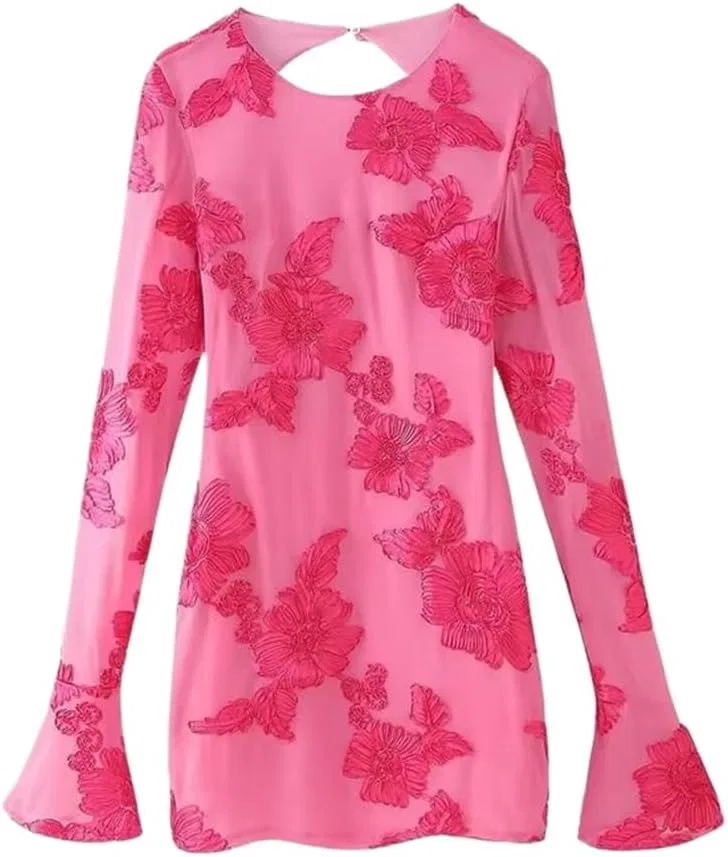 Женское платье с цветочной аппликацией Flare Sleeves, Rosered